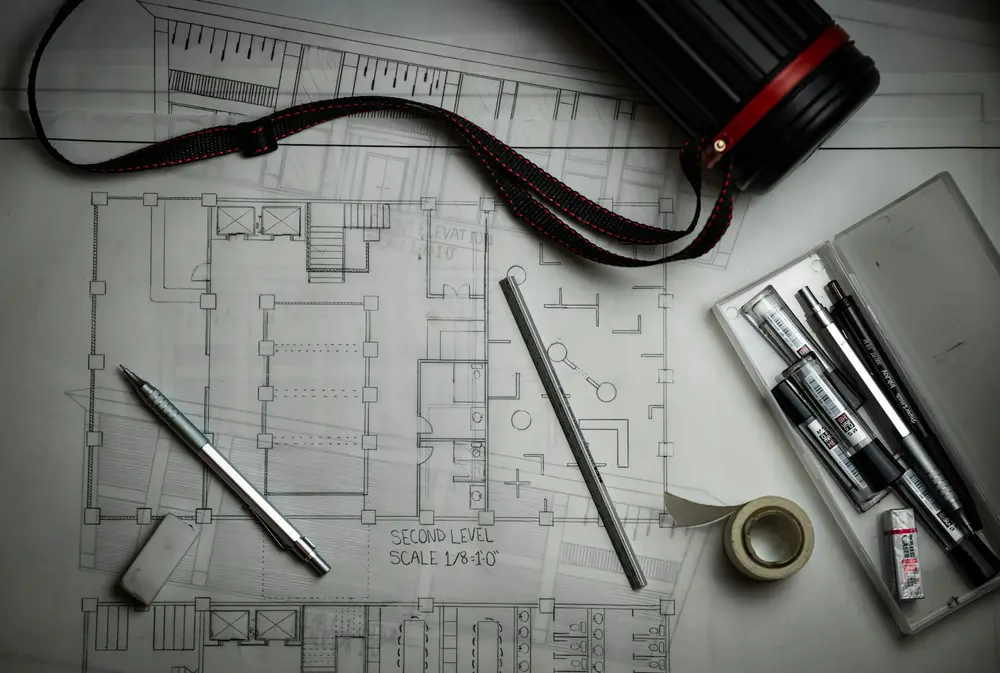 Structural drawings laid out with a scale rule and pencils